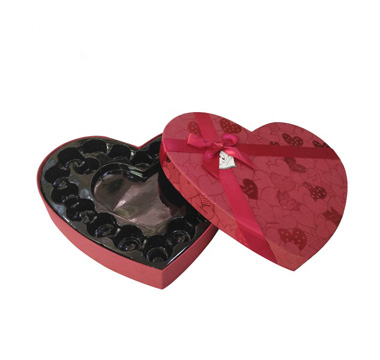 heat shape chocolate box with ribbon and PET insert